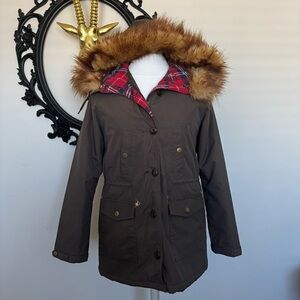 Obey Propaganda Army Green Brown Parka Utility Jacket with Faux Fur Hood